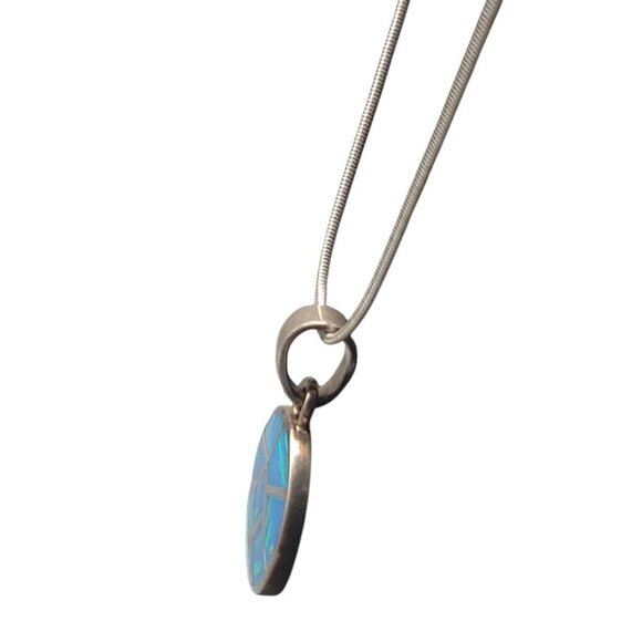 Sterling Silver Inlaid Blue Opal Pendant Necklace 16" Chain Signed ind0925 - Picture 11 of 16